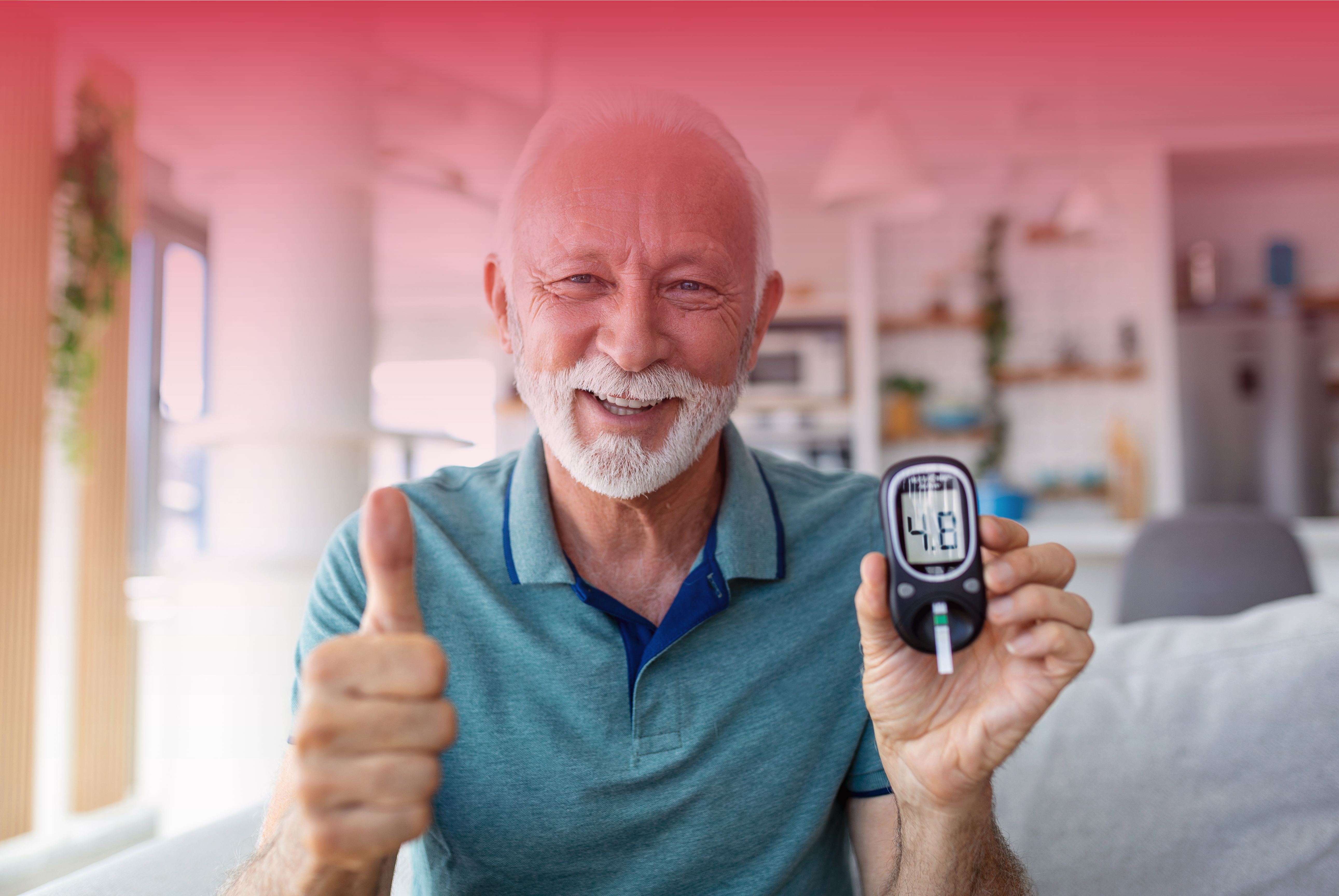 Elderly Man With Blood Glucose Monitor Banner RED T